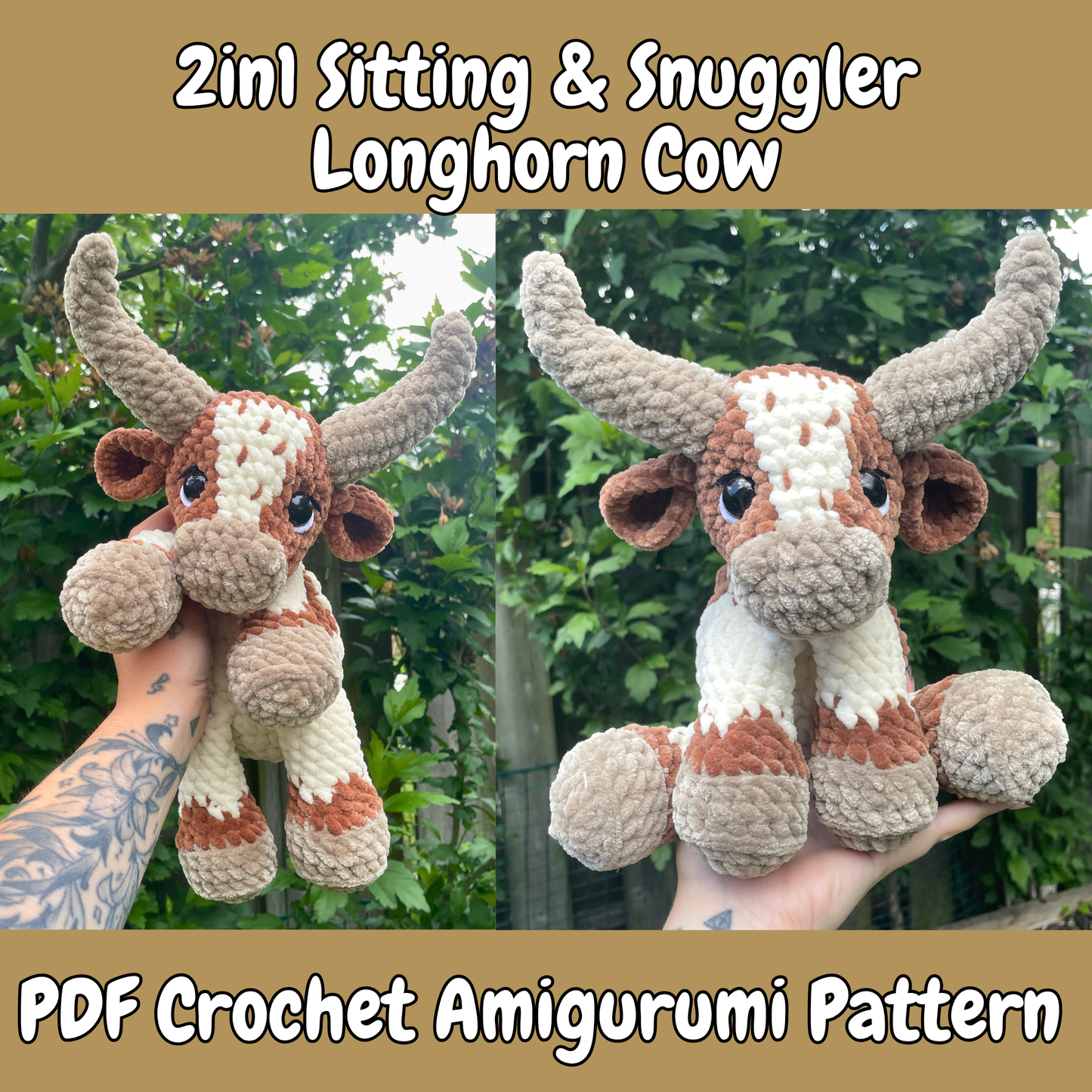 DIGITAL PDF | 2in1 Sitting & Snuggler Longhorn Cow Crochet Amigurumi Pattern