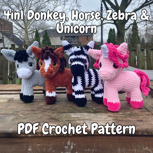 DIGITAL PDF | 4in1 Standing Horse, Unicorn, Zebra & Donkey Bundle | Crochet Amigurumi Pattern | Low Sew, Beginner Friendly